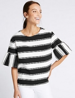 Marks and Spencer  Cotton Rich Striped Flared Sleeve T-Shirt