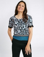 Marks and Spencer  Floral Print Lace Sleeve Round Neck T-Shirt