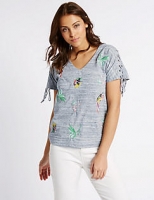Marks and Spencer  Cotton Rich Embroidered Tie Sleeve T-Shirt