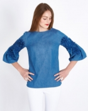 Savida Chambray Blouse With Applique Flowers