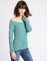 Marks and Spencer  Cotton Blend Striped Long Sleeve Bardot Top