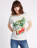 Marks and Spencer  Cotton Blend Tropical Floral Print T-Shirt