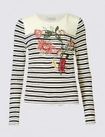 Marks and Spencer  Pure Cotton Striped & Embroidered T-Shirt