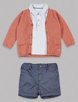 Marks and Spencer  3 Piece Pure Cotton Cardigan & Polo T-Shirt with Shorts Outf