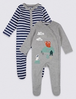 Marks and Spencer  2 Pack Pure Cotton Woodland Sleepsuits