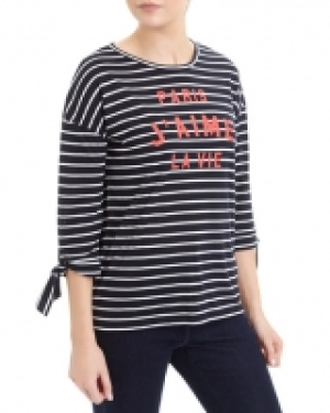 Slogan Stripe Tie Sleeve Top