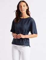 Marks and Spencer  Pure Linen Round Neck Half Sleeve Blouse