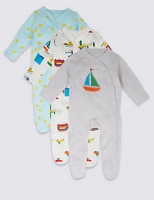 Marks and Spencer  3 Pack Transport Pure Cotton Sleepsuits