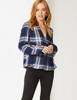 Marks and Spencer  PETITE Checked Notch Neck Long Sleeve Blouse