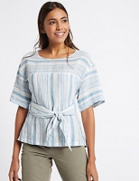 Marks and Spencer  Pure Linen Striped Tie Front Blouse