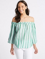 Marks and Spencer  Linen Rich Striped 3/4 Sleeve Bardot Top