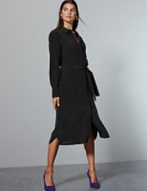 Pure Silk Long Sleeve Shirt Dress With Belt