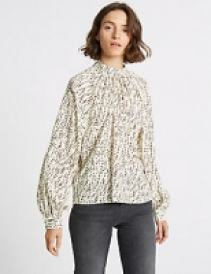 Spotted Funnel Neck Long Sleeve Blouse