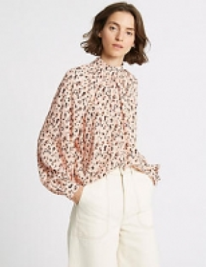 Printed Funnel Neck Long Sleeve Blouse