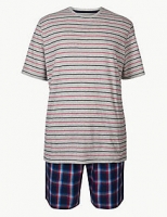 Marks and Spencer  Pure Cotton Check & Stripe Pyjama Shorts Set