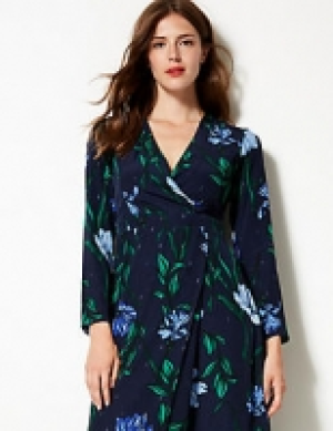 Floral Print Long Sleeve Wrap Midi Dress
