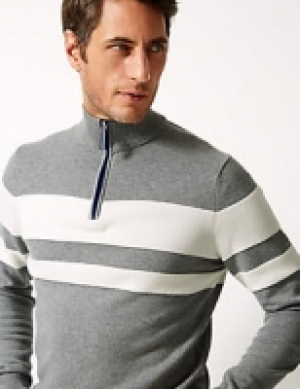 Cotton Rich Striped Half Zipped Jumper