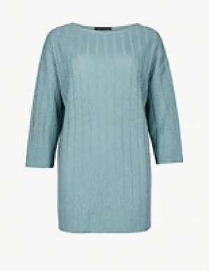 Ribbed Slash Neck Open Knit 3/4 Sleeve Tunic
