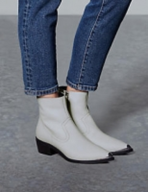 Leather Block Heel Metal Toe Ankle Boots