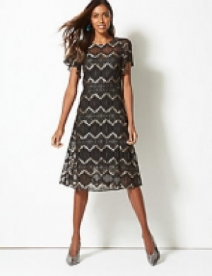 Lace Short Sleeve Swing Midi Dress