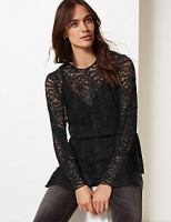 Marks and Spencer  Lace Round Neck Long Sleeve Peplum Top