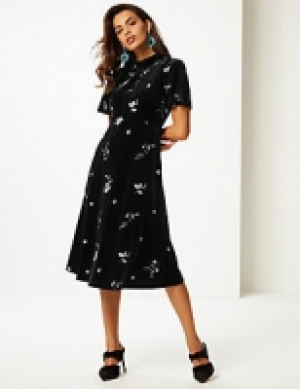 Embroidered Short Sleeve Tea Midi Dress