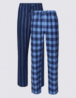 2 Pack Brushed Cotton Check & Stripe Pyjama Bottoms