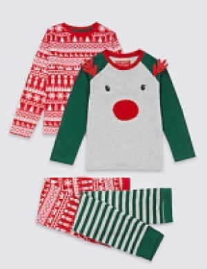 Marks and Spencer  2 Pack Reindeer Face Pyjamas (1-7 Years)