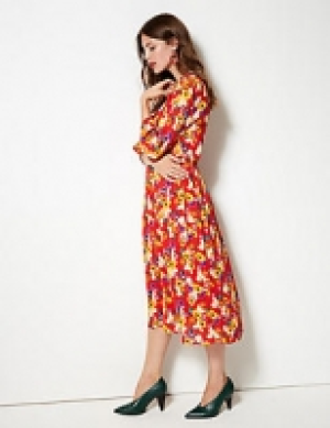 Floral Print 3/4 Sleeve Midi Dress