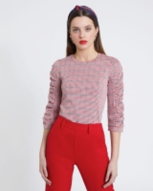Savida Ruched Sleeve Check Top