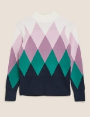 M&s Collection Soft Touch Argyle Funnel Neck Fitted Jumper