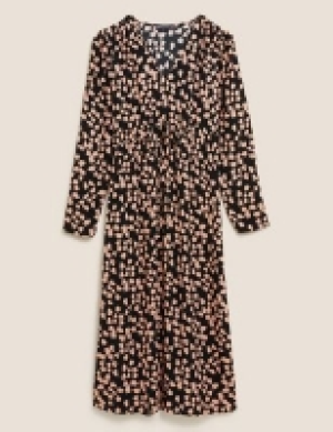 M&s Collection Printed V-Neck Midi Waisted Dress
