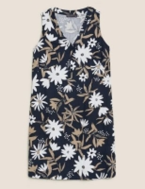 M&s Collection Linen Floral V-Neck Knee Length Shift Dress