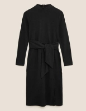 M&s Collection Jersey Brushed Belted Midi Shift Dress