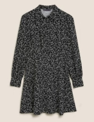 M&s Collection Leaf Print Puff Sleeve Mini Shirt Dress