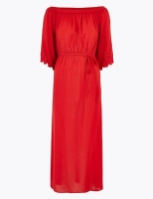 M&s Collection Embroidered Bardot Maxi Waisted Beach Dress