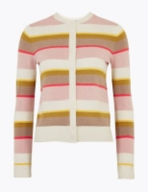 M&s Collection Striped Crew Neck Button Front Cardigan