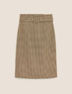 M&s Collection Checked Belted Knee Length Pencil Skirt