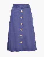 Marks and Spencer M&s Collection Linen Button Front Belted Midi A-Line Skirt