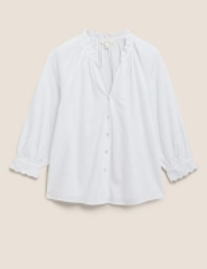 Marks and Spencer Per Una Pure Cotton V-Neck Frill Detail Blouse