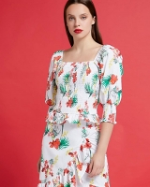 Savida Puff Sleeve Shirred Print Top