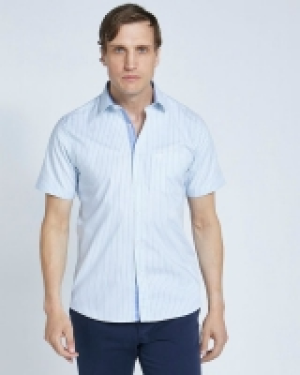 Dunnes Stores  Paul Costelloe Living Slim Fit Aqua Stripe Short Sleeve Oxfo