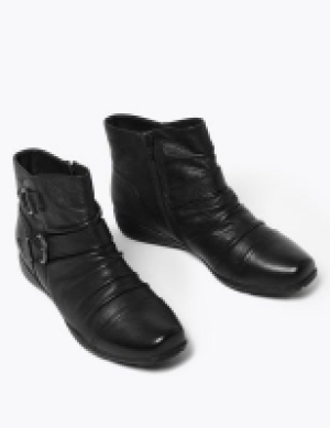 Marks and Spencer M&s Collection Wide Fit Leather Buckle Ruched Ankle Boots