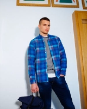 Paul Galvin Teal Check Grandad Shirt
