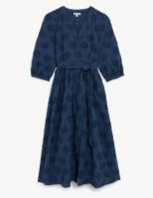 Jaeger Cotton Jacquard V-Neck Midi Waisted Dress
