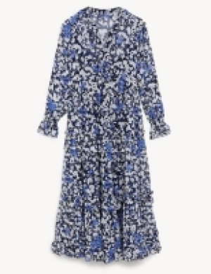 Jaeger Floral V-Neck Ruffle Midi Tiered Dress