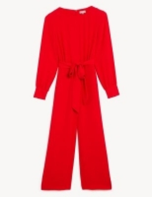 Jaeger Crepe Belted Long Sleeve Cropped Jumpsuit