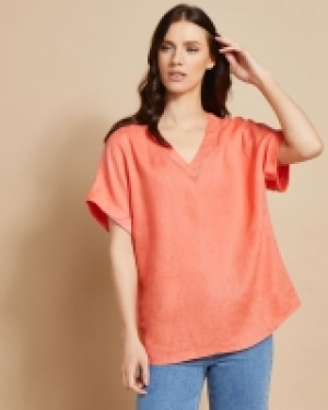 Dunnes Stores  Paul Costelloe Studio Linen V-Neck Ladder Trim Top in Coral