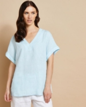 Dunnes Stores  Paul Costelloe Studio Linen V-Neck Ladder Trim Top in Aqua