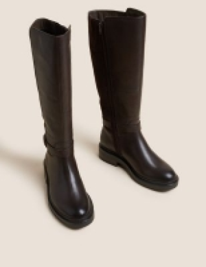 M&s Collection Wide Fit Leather Flat Knee High Boots